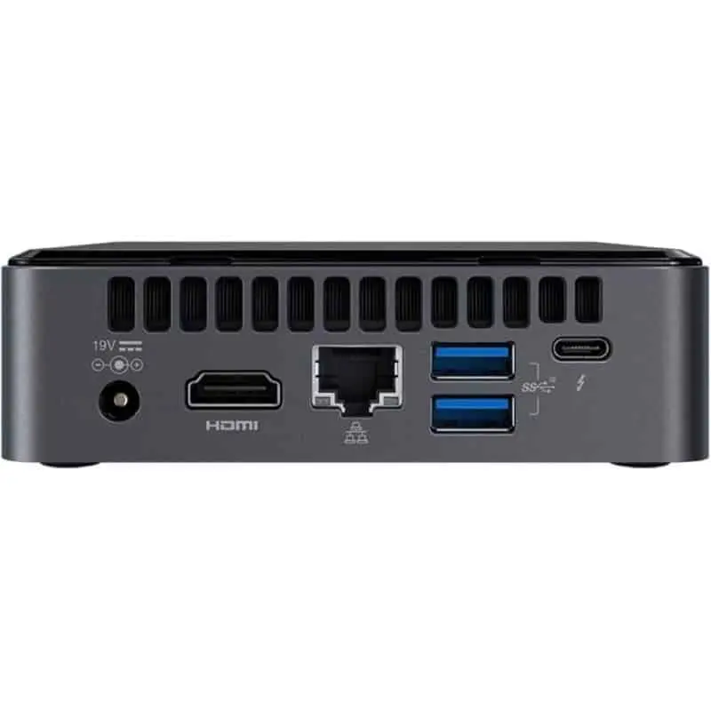 Intel NUC Kit NUC8i3BEK - i3 8109U Barebone, achterkant met poorten: stroomvoorziening, HDMI, ethernet, USB 3.0 en USB-C
