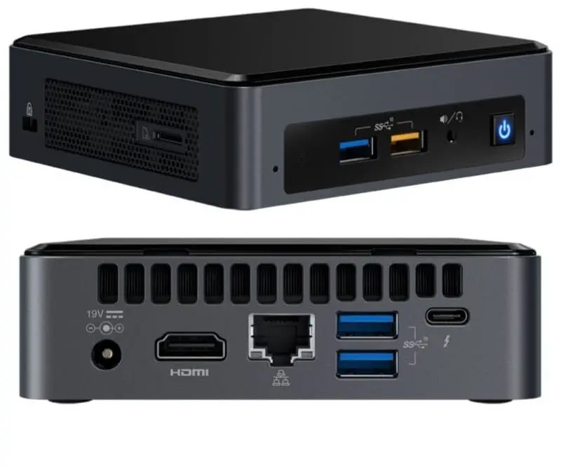Intel NUC Kit NUC8i3BEK front and back views showing USB ports, power button, HDMI, Ethernet, and audio jack