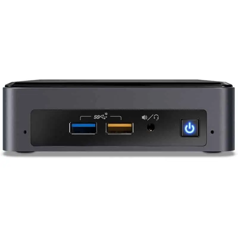 Intel NUC Kit NUC8i3BEK - i3 8109U Barebone, voorkant met USB-poorten, audio-aansluiting en aan/uitknop