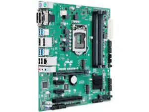Asus Prime B250M-C socket 1151 motherboard front view showing green PCB with CPU socket, RAM slots, power connectors, and rear I/O ports