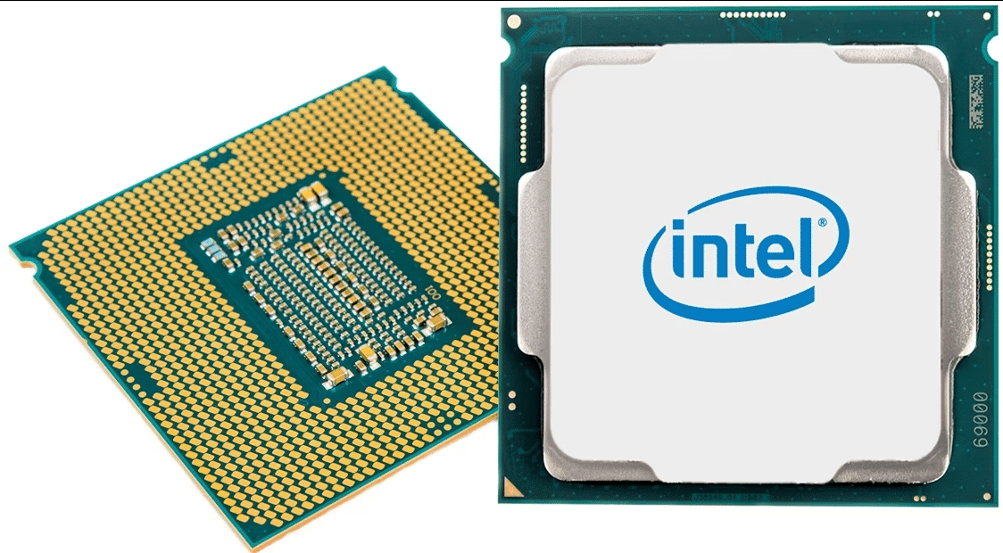 Two Intel processors shown side by side - an ASRock Z390 motherboard on the left displaying gold circuitry and pins, and an Intel Core i5-9500T processor on the right with the Intel logo visible on its heat spreader