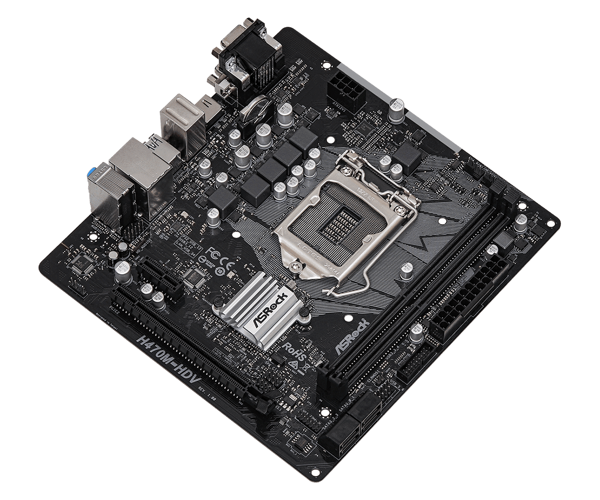 Asrock H470M-HDV LGA1200 motherboard top view showing PCB layout with CPU socket, RAM slots, and component placement