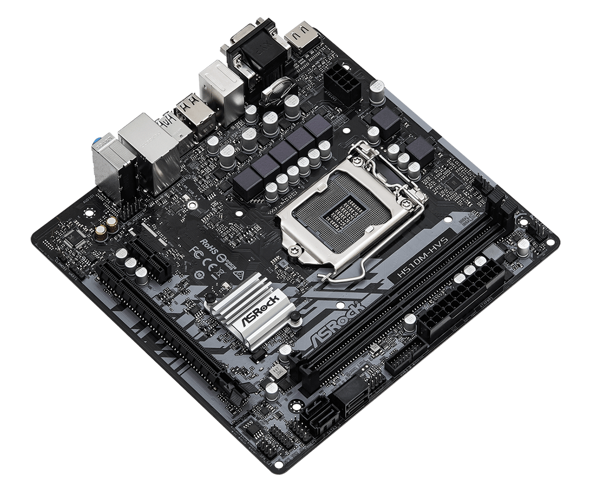 Asrock H510M-HVS R2.0 Socket 1200 motherboard top view showing CPU socket, power delivery components, and PCB layout