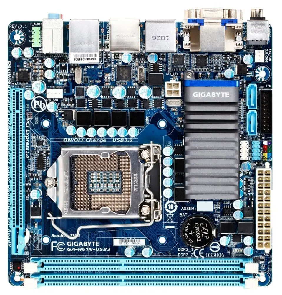 Gigabyte GA-H61N-USB3 Moederbord - bovenaanzicht met CPU-socket, RAM-slots, chipset en uitbreidingsconnectoren