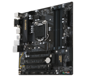 Gigabyte GA-B250M-D3H LGA1151 motherboard front view showing black PCB with CPU socket, RAM slots, PCIe slots, and various connectors