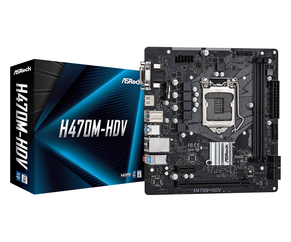Asrock H470M-HDV Retail Socket 1200 motherboard shown with product packaging box displaying the board layout and specifications