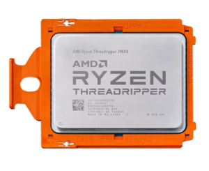 AMD Ryzen Threadripper Pro 3945WX processor in orange tray packaging, top view showing CPU die with heatspreader and product labeling