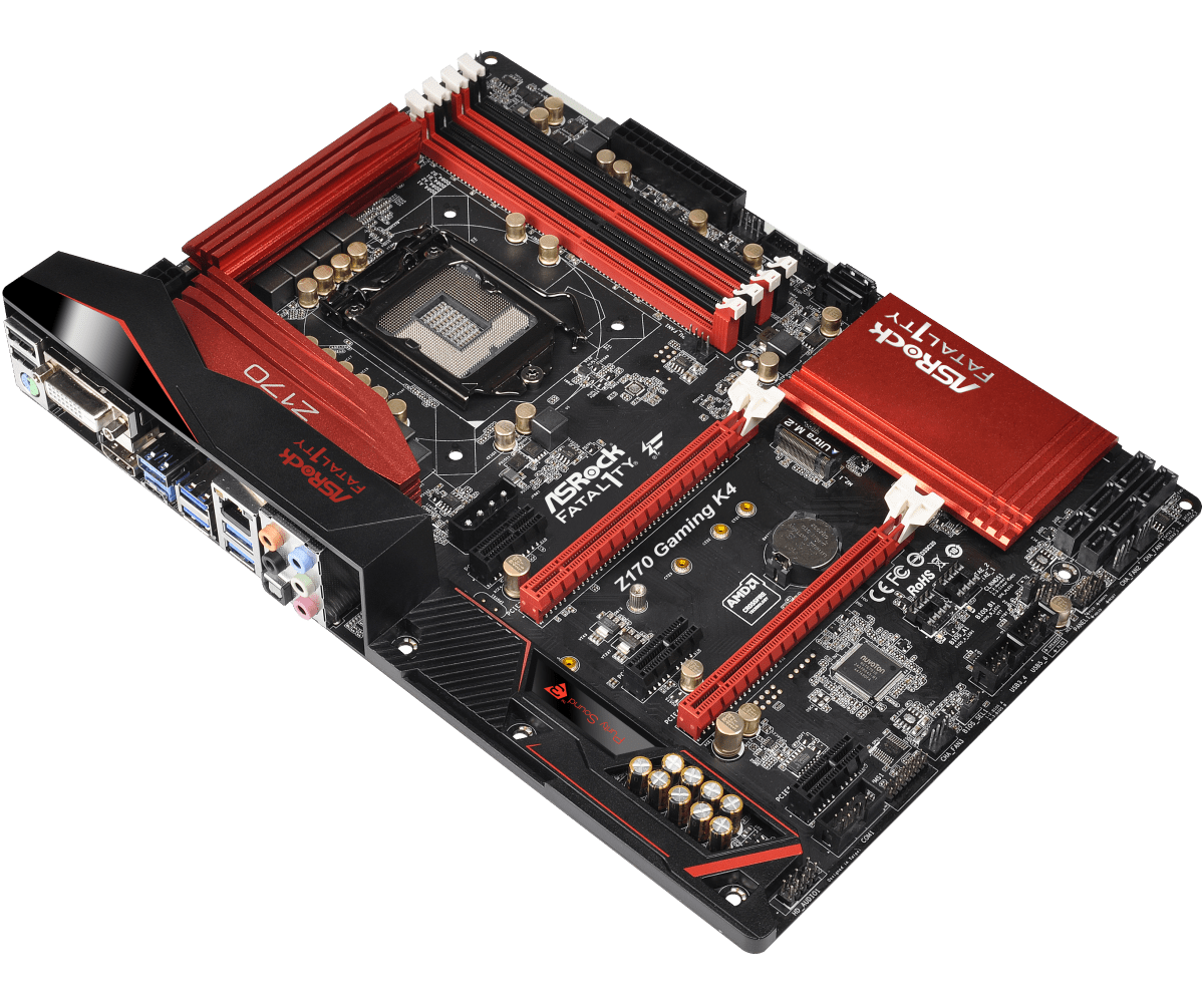 ASRock Z170 Gaming K4 socket 1151 moederbord - bovenaanzicht met rode en zwarte PCB, CPU-socket, RAM-slots, uitbreidingsslots en I/O-paneel zichtbaar