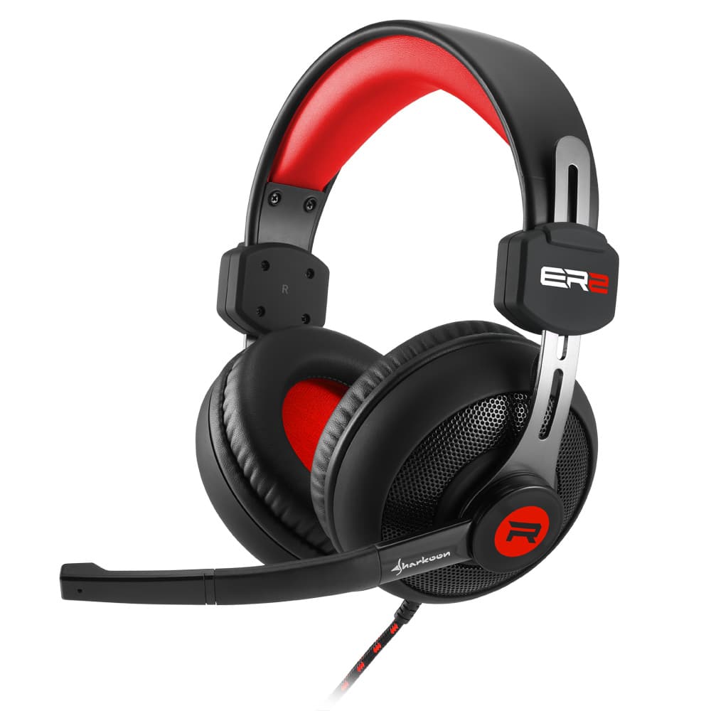 Sharkoon Rush ER2 Gaming Headset Rood - vooraanzicht met zwarte en rode kleurstelling, over-ear ontwerp met microfoon en kabelconnectie