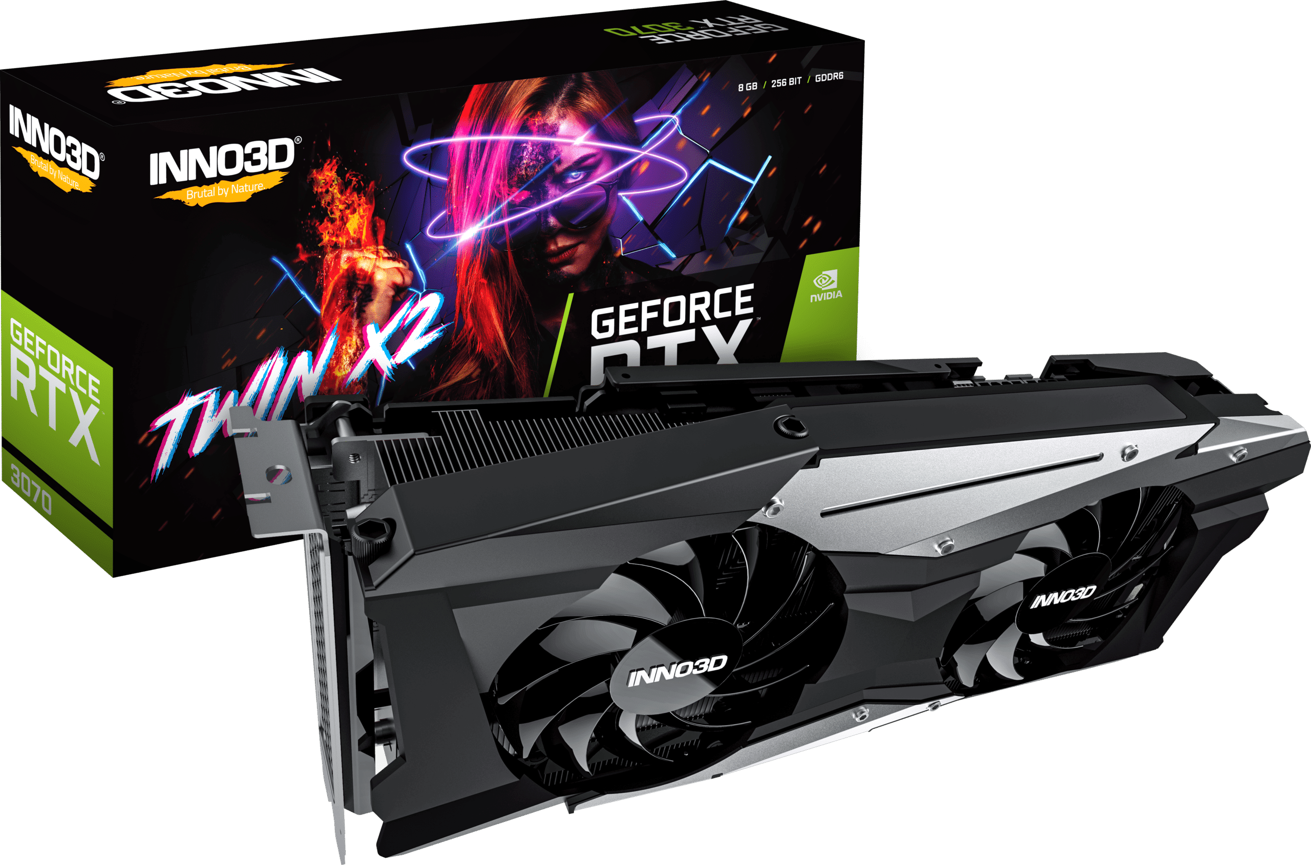 INNO3D GeForce RTX 3070 grafische kaart met dual fan cooling system, vooraanzicht met verpakking