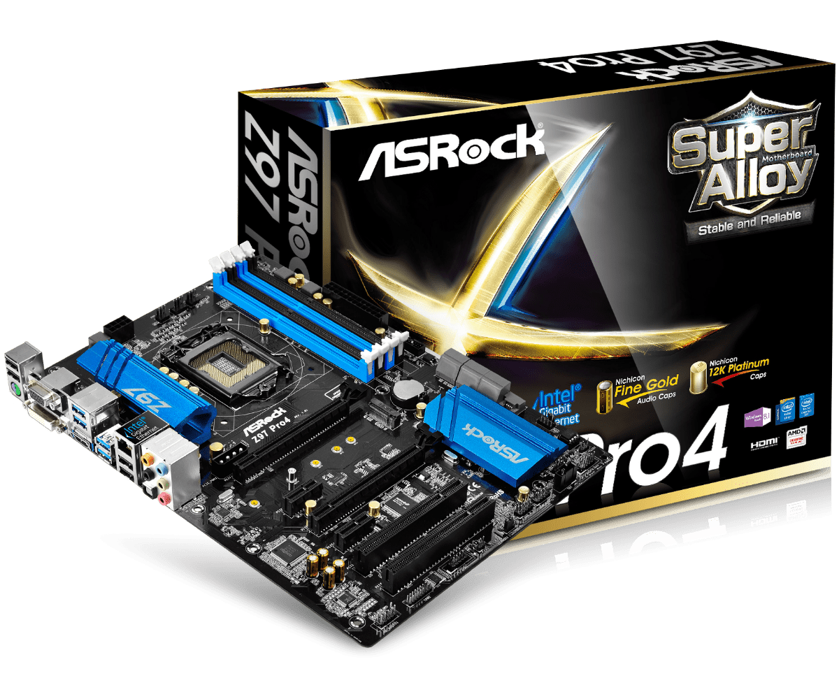 ASRock Z97 EXTREME6 motherboard with packaging, front view showing blue RAM slots, CPU socket, and connectors