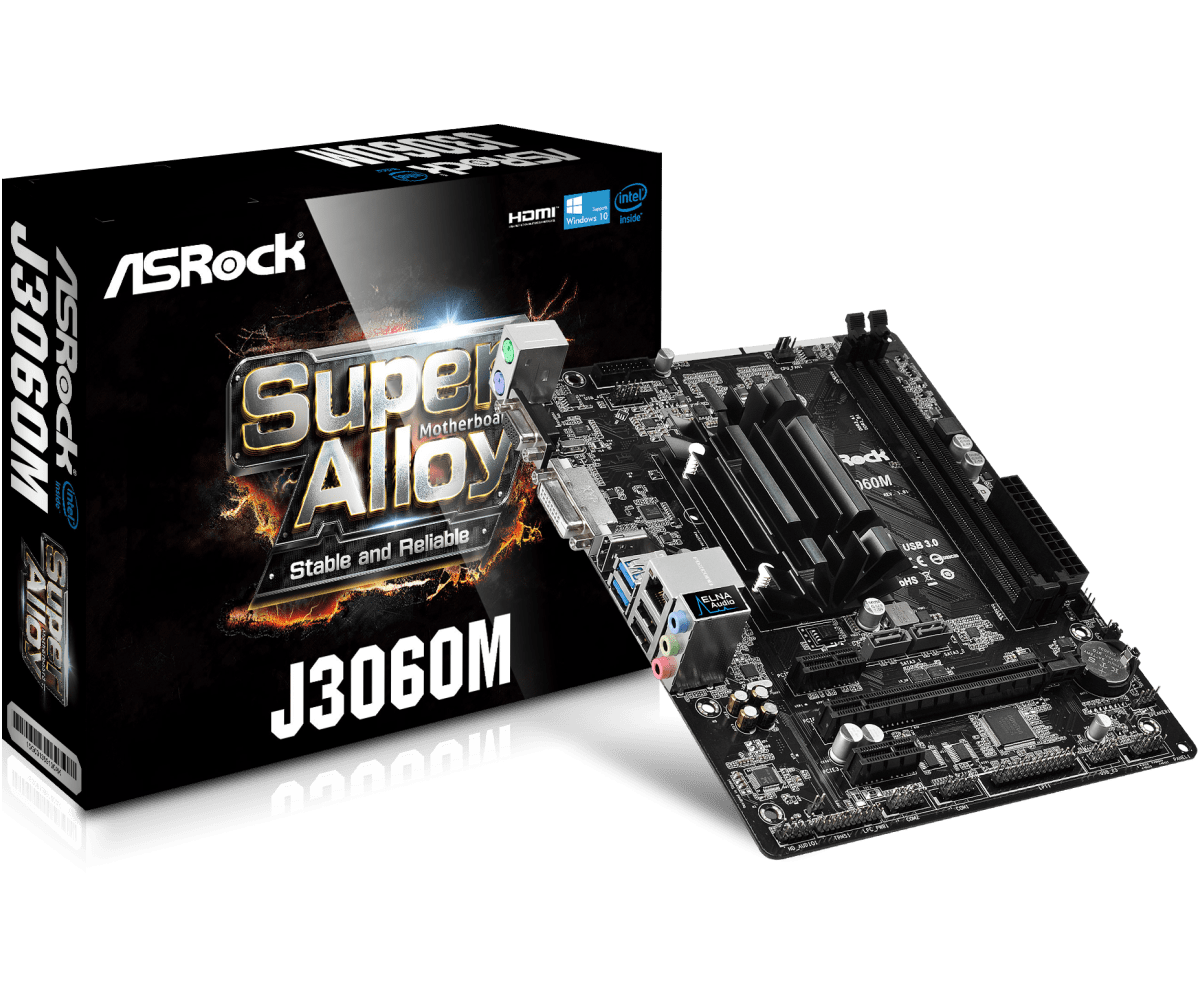 ASRock J3060M Super Alloy moederbord met verpakking, bovenaanzicht van het bord met geïntegreerde CPU, RAM-slots en I/O-aansluitingen zichtbaar
