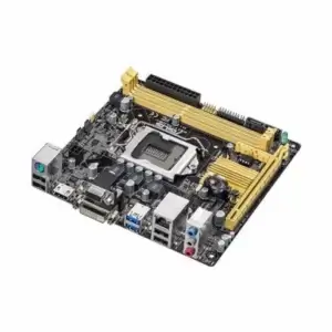 Asus H81I-Plus socket 1150 moederbord bovenaanzicht met gouden PCI-E-sleuf, RAM-sleuf en CPU-socket zichtbaar