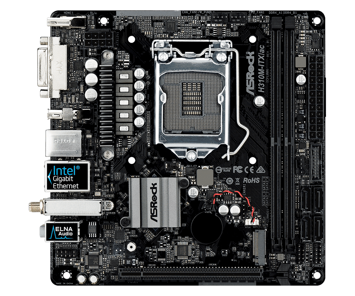 ASRock H270M-ITX/AC socket 1151 Mini-ITX motherboard - bovenaanzicht met zichtbare CPU-socket, RAM-slots, chipset, voedingscomponenten en I/O-aansluitingen
