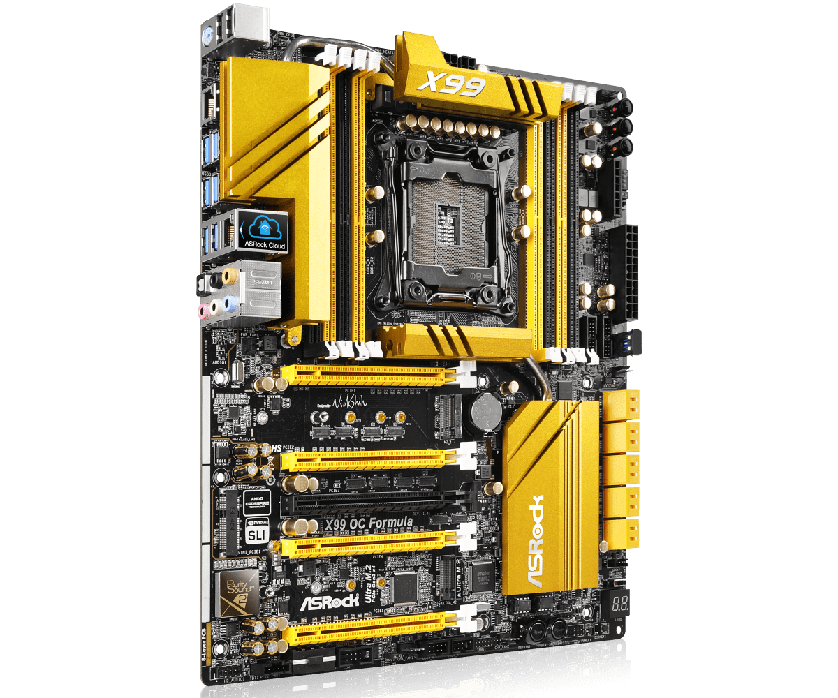 ASRock X99 OC Formula Socket 2011-3 motherboard front view showing yellow and black design with CPU socket, RAM slots, and expansion slots