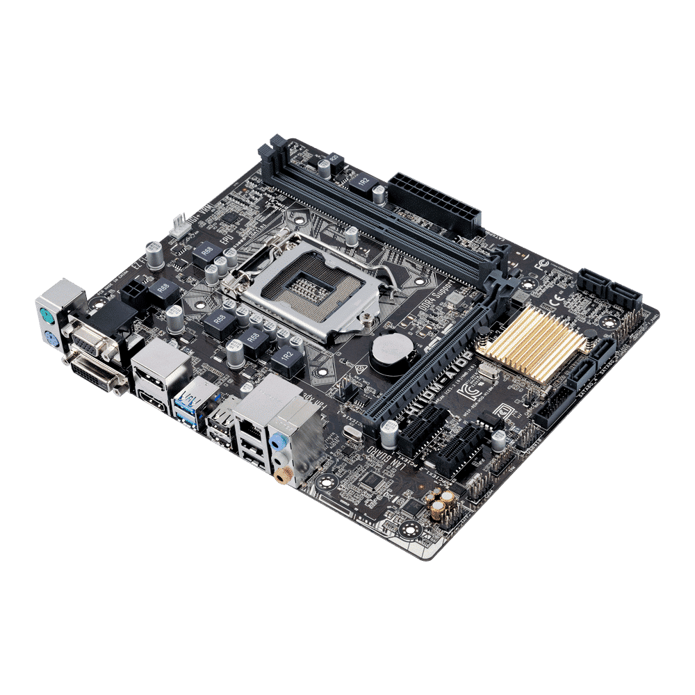 Asus H110M-A/DP Socket 1151 moederbord bovenaanzicht met zichtbare CPU-socket, RAM-slots, uitbreidingsslots en back-panel connectoren