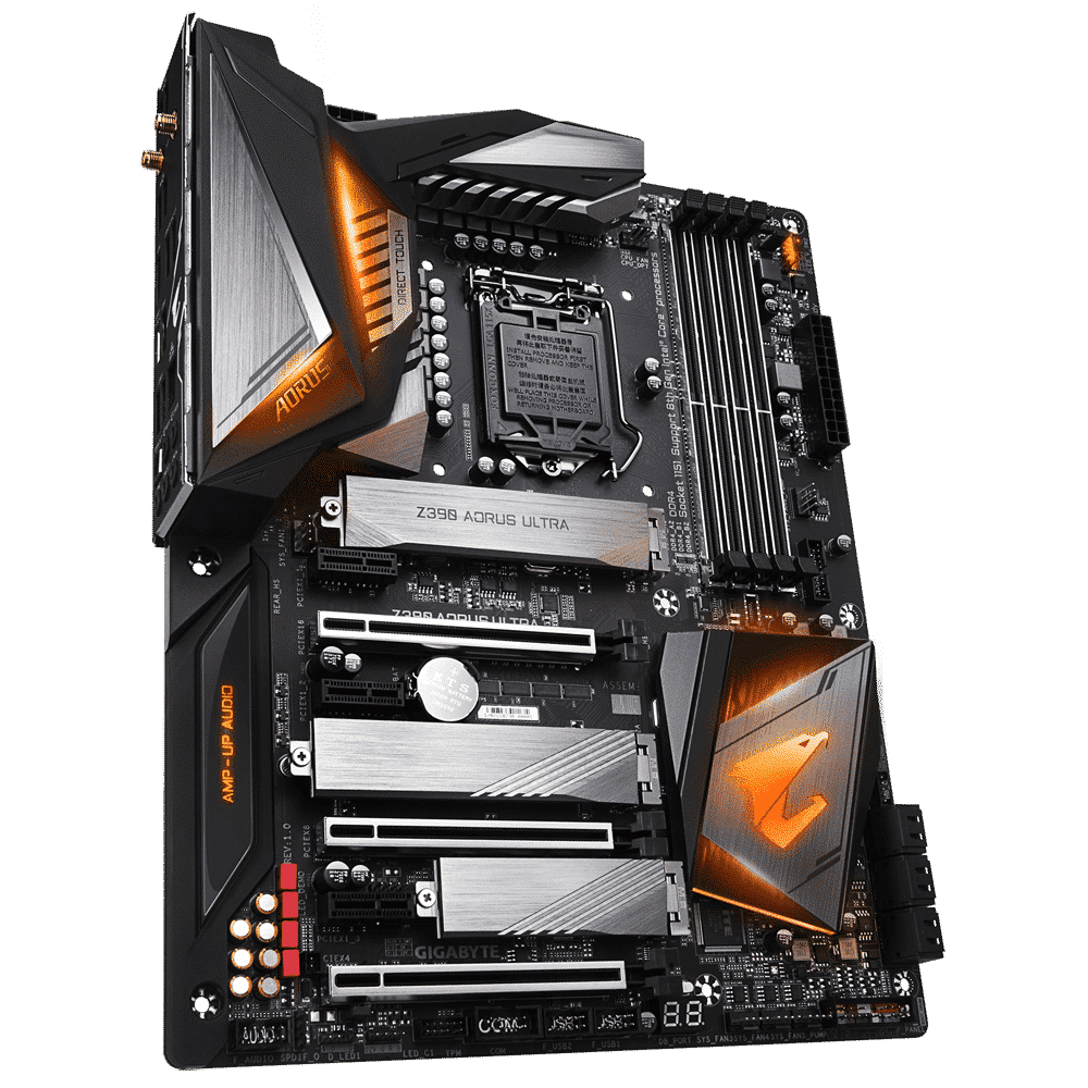 Gigabyte Z390 AORUS ULTRA LGA 1151 motherboard angled top view showing CPU socket, RAM slots, expansion slots, heatsinks, and orange and black color scheme with AMP-UP AUDIO branding