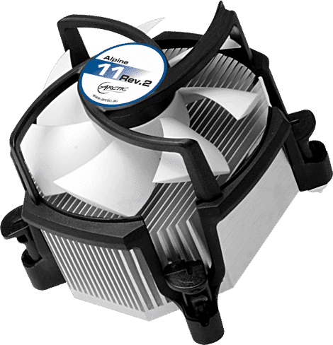 Arctic Alpine 11 Rev.2 CPU cooler angled view showing aluminum heatsink fins, black mounting bracket, and blue circular fan label
