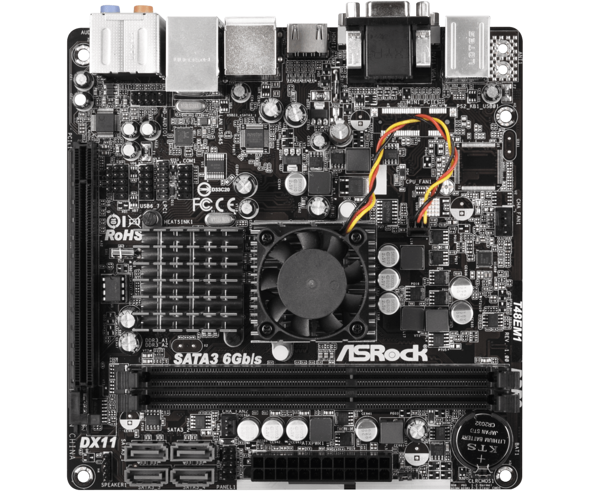 ASRock T48EM1 onboard CPU moederbord - bovenaanzicht met geïntegreerde CPU, RAM-slots, SATA-aansluitingen, CPU-ventilator en voedingsconnectoren