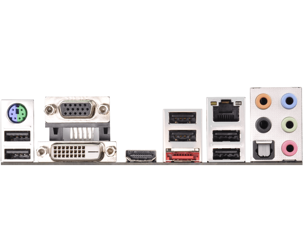 ASRock T48EM1 onboard CPU moederbord - achteruitgang met I/O-poorten inclusief PS/2, VGA, DVI, HDMI, USB en audiojacks