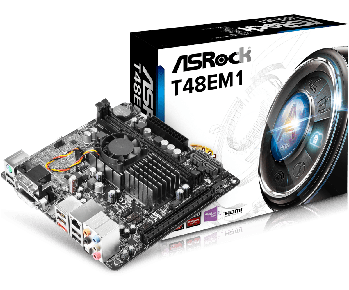 ASRock T48EM1 onboard CPU moederbord - productverpakking met moederbord, geïntegreerde CPU-koeler en audiojack-aansluitingen zichtbaar