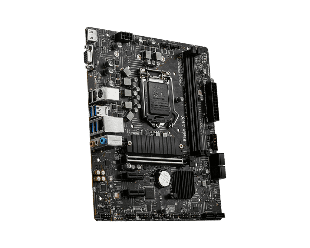 Moederbord bovenaanzicht voor GamePC met I7 11700F - RTX 3060 - 16GB - 500GB NVMe - W11, zwart PCB met LGA1200-socketopening, geheugensleuften, uitbreidingssleuven en randconnectoren