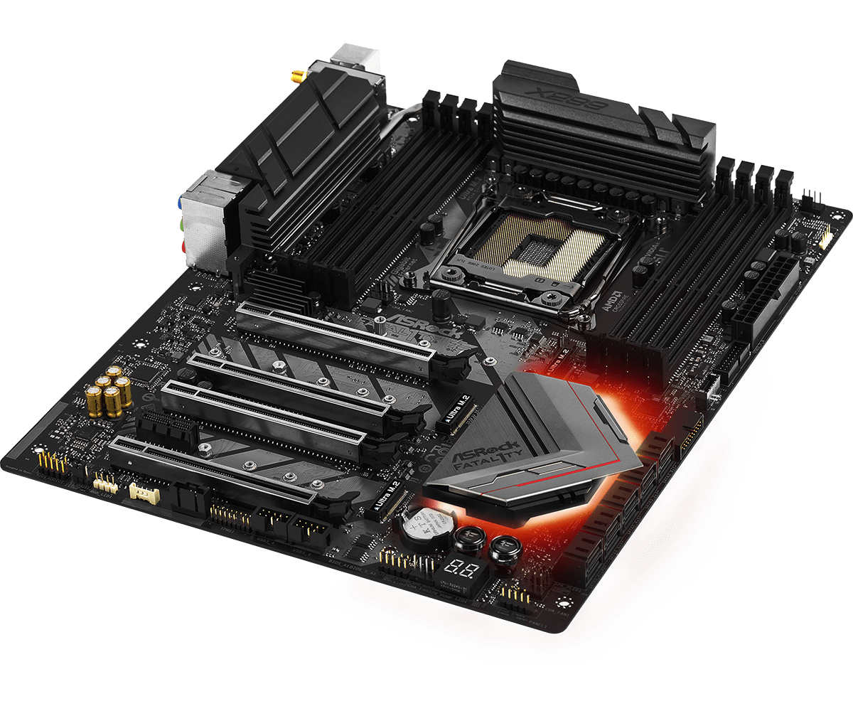 ASRock Fatal1ty X299 Professional Gaming i9 XE moederbord bovenaanzicht met geïnstalleerde CPU-koeler en RAM-geheugen