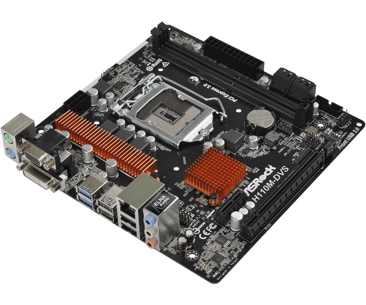 ASRock H110M-DVS R3.0 LGA1151 Motherboard angled top-down view showing CPU socket, RAM slots, orange heatsinks, and rear I/O ports