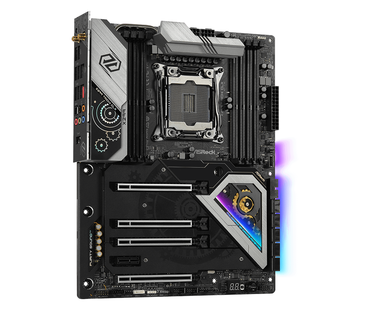 ASRock X299 Taichi CLX motherboard front view showing CPU socket, RAM slots, PCIe slots, and RGB lighting elements