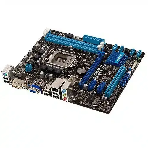Asus P8H61-M LE R2 motherboard - bovenaanzicht met CPU-socket, RAM-slots en blauwe uitbreidingsslots zichtbaar