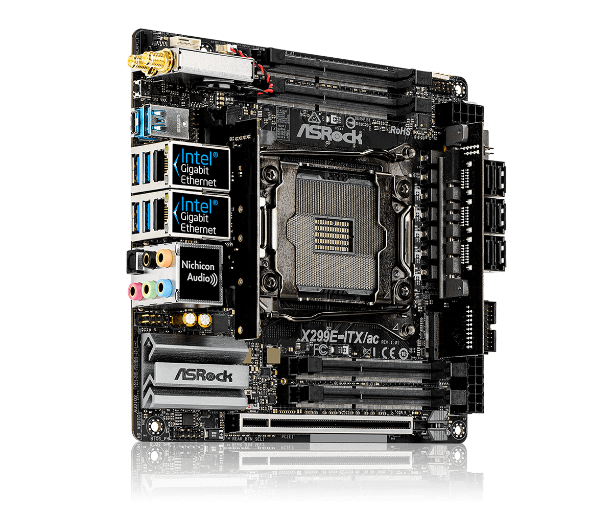 ASRock X299E-ITX/ac moederbord, bovenaanzicht met zichtbare CPU-socket, RAM-slots, PCIe-slots, Intel Gigabit Ethernet-poorten, Nichicon Audio-componenten en I/O-paneel met audio-aansluitingen