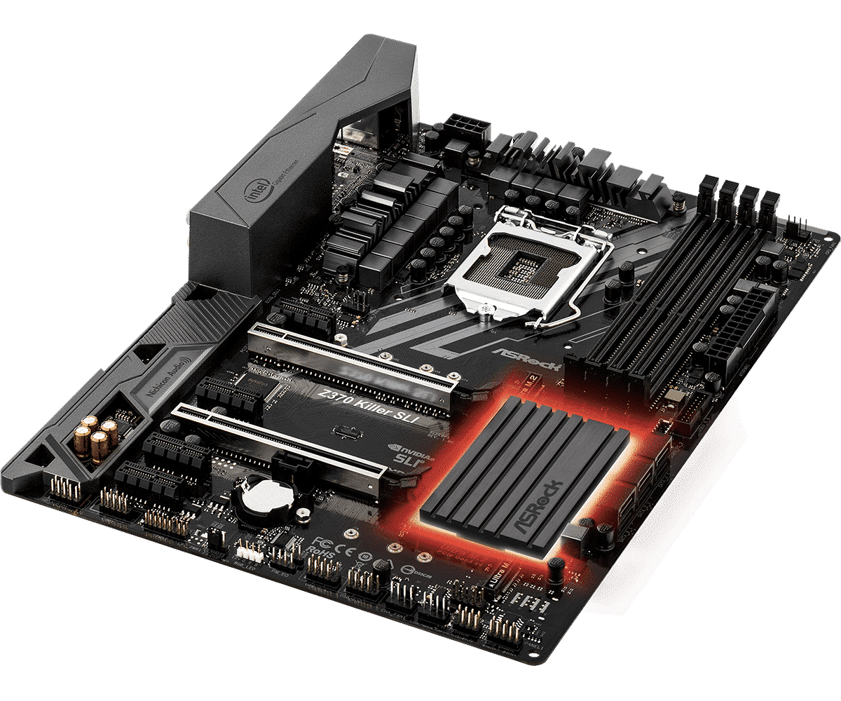 ASRock Z370 Killer SLI Socket 1151 moederbord bovenaanzicht met CPU-socket, RAM-slots, PCIe-slots en VRM-koelsysteem met rode verlichting