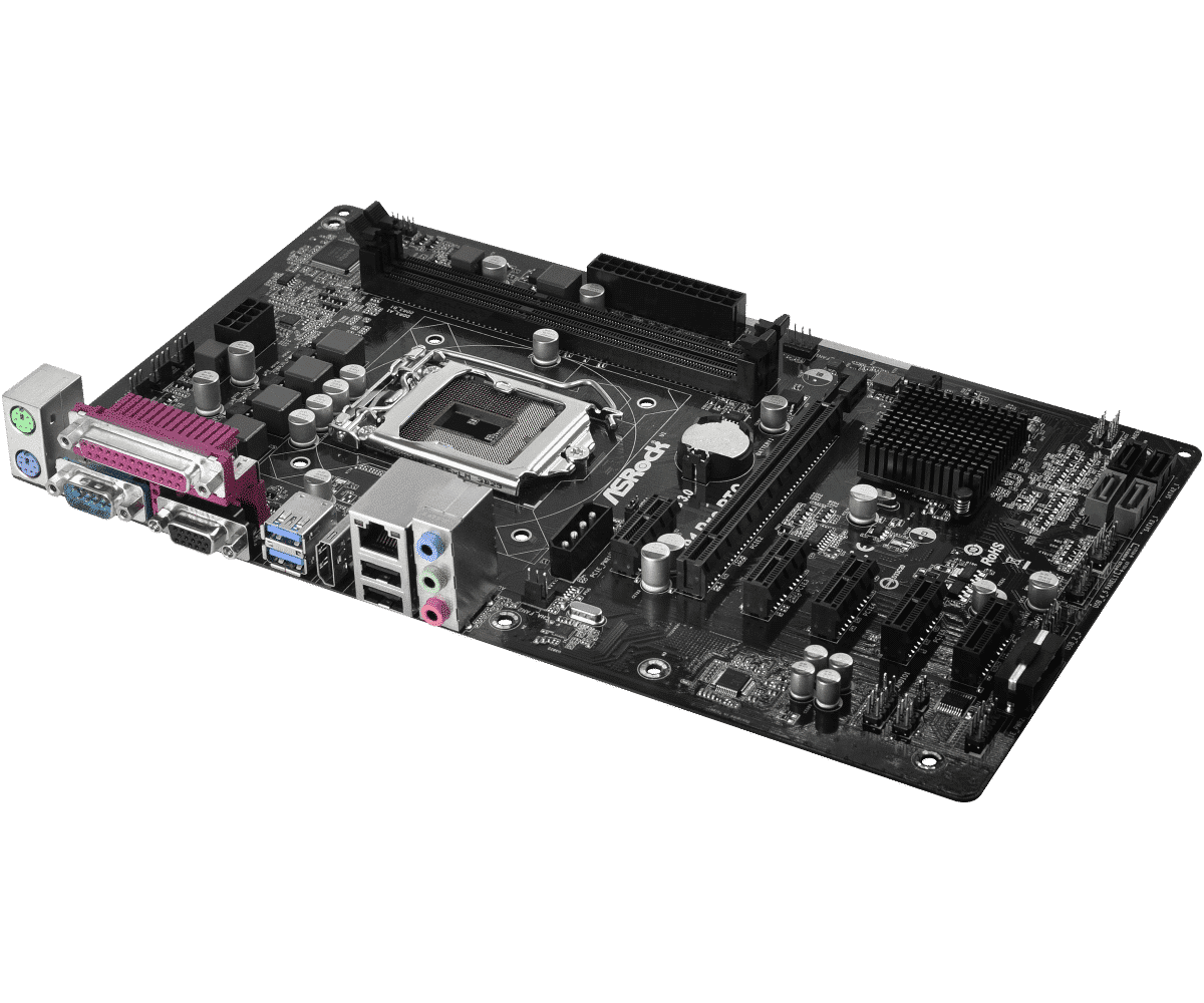 ASRock H81 Pro BTC R2.0 moederbord bovenaanzicht met CPU-socket, RAM-slots, uitbreidingsslots en I/O-paneel