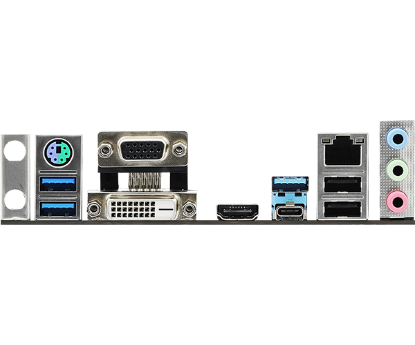 ASRock Z390 Phantom Gaming 4 Socket 1151 moederbord - I/O paneel achterkant met PS/2, USB 3.0, VGA, DVI, HDMI, USB-C en audioansluitingen