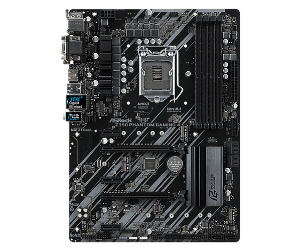 ASRock Z390 Phantom Gaming 4 Socket 1151 moederbord, bovenaanzicht met zichtbare CPU-socket, RAM-slots, uitbreidingsslots en voedingsconnectoren