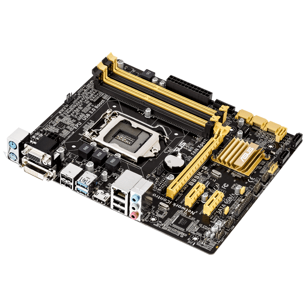 Asus B85M-G socket 1150 moederbord, bovenaanzicht met gouden en zwarte componenten, CPU-socket in het midden, RAM-slots bovenaan, uitbreidingsslots aan de zijkant, en I/O-poorten onderaan zichtbaar