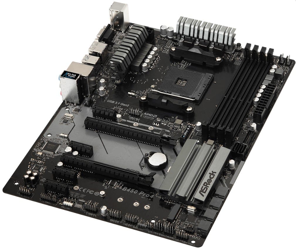 Asrock B450 Pro4 AM4 ATX Moederbord - bovenaanzicht met CPU-socket, RAM-slots, VRM-koellichamen en uitbreidingsslots