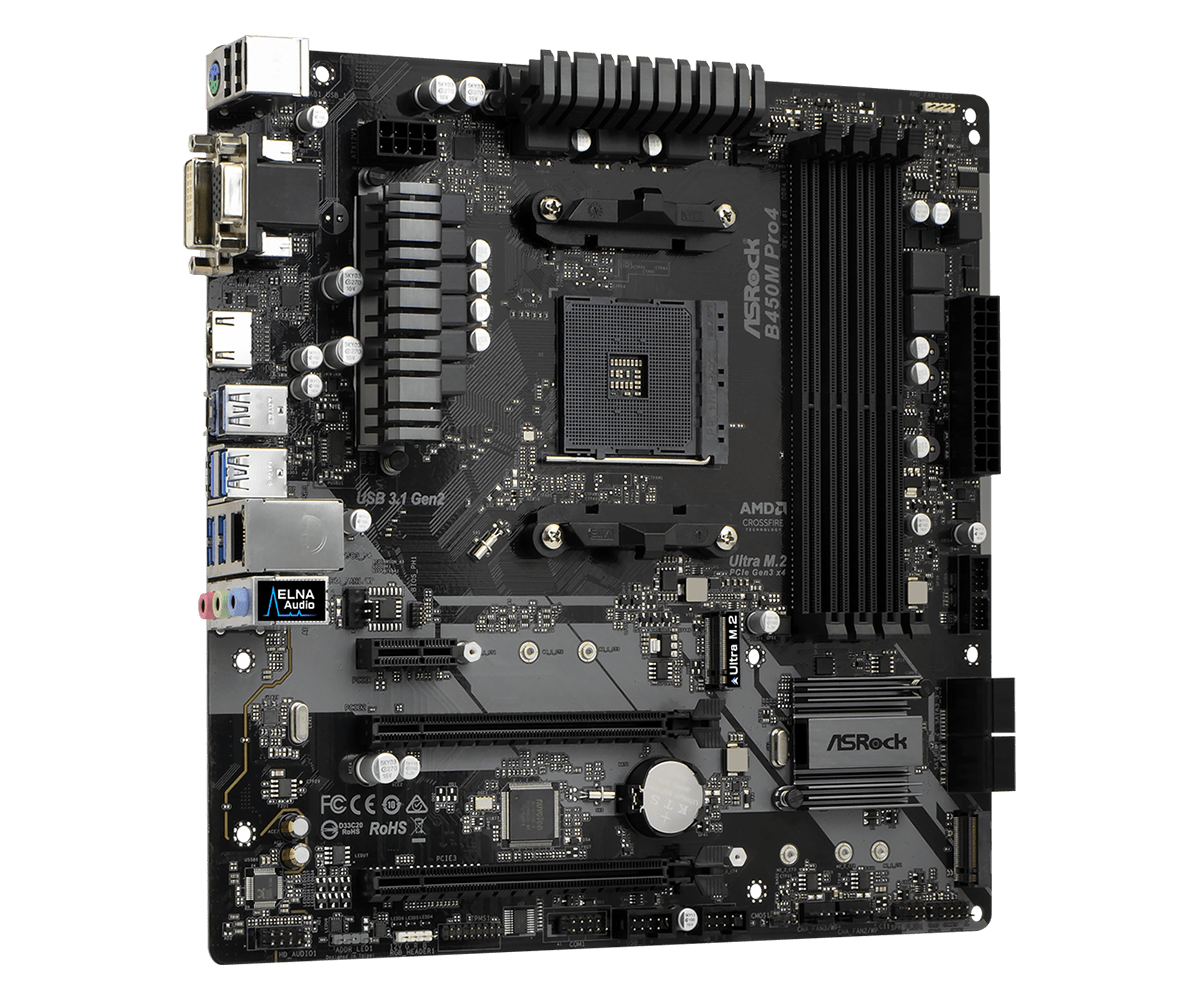 Asrock B450M Pro4-F AM4 Micro-ATX Motherboard top view showing CPU socket, power delivery heatsinks, RAM slots, M.2 slot, and rear I/O connectors