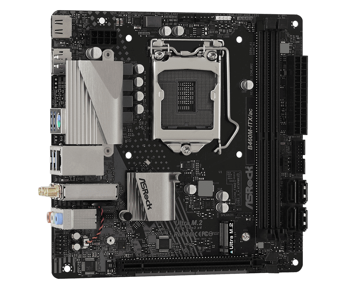 Asrock B460M-ITX/AC LGA1200 moederbord bovenaanzicht met CPU-socket, RAM-slots, M.2-sleuf en geïntegreerde koellichamen