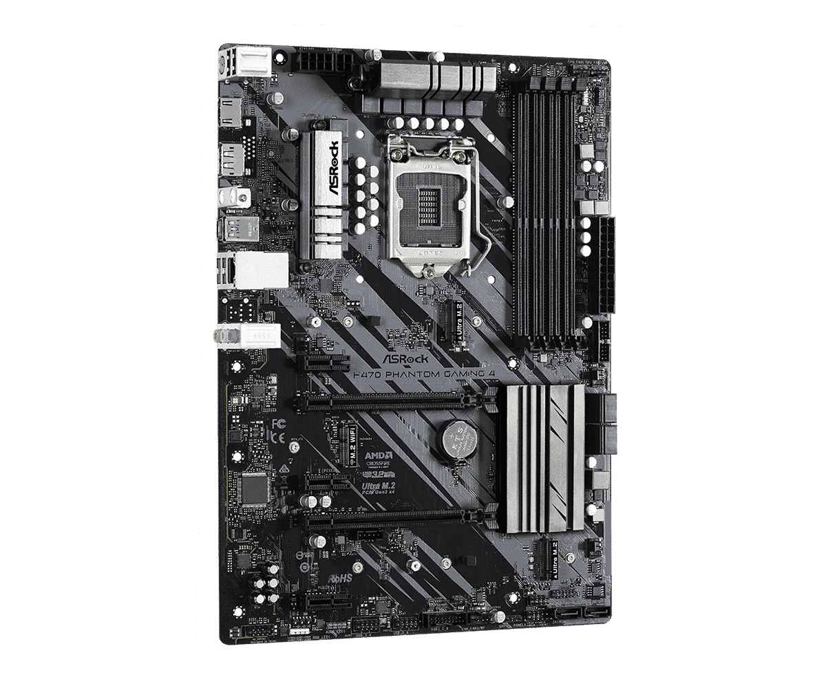 ASRock H470 Phantom Gaming 4 LGA1200 motherboard top view showing CPU socket, RAM slots, power delivery components, and PCIe slots