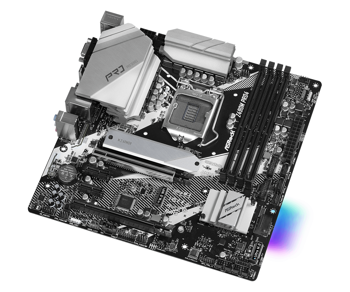 Asrock Z490M Pro4 LGA1200 Motherboard angled top-down view showing CPU socket with cooler mount, RAM slots, PCIe slots, and power delivery components
