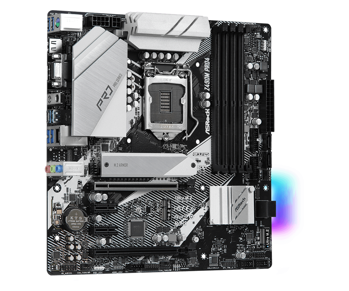 Asrock Z490M Pro4 LGA1200 moederbord bovenaanzicht met CPU-socket, RAM-slots, heatsinks en uitbreidingssloten