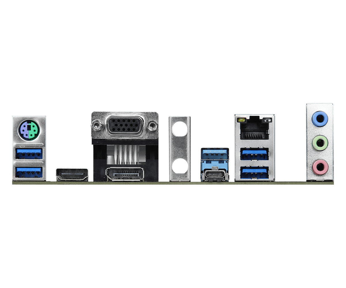 Asrock Z490M Pro4 LGA1200 Motherboard - rear I/O panel view showing PS/2 connector, USB 3.1 ports, VGA connector, USB-C port, Ethernet jack, and audio jacks with colored indicators