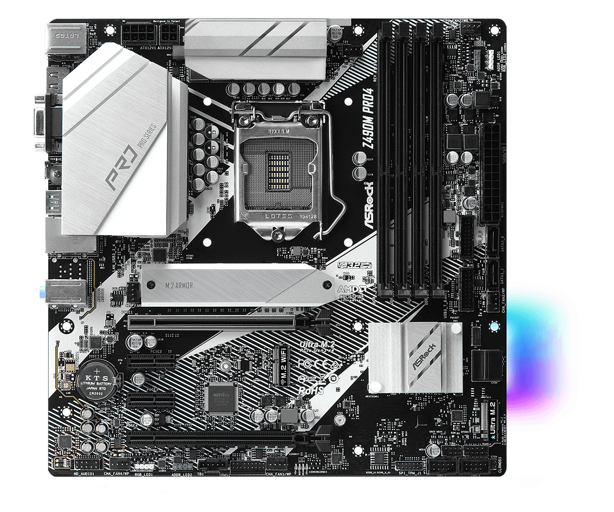 Asrock Z490M Pro4 LGA1200 Motherboard top view showing CPU socket, RAM slots, power delivery components, and M.2 storage connections
