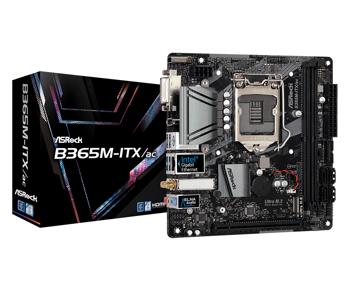 ASRock B365M-ITX/ac Mini ITX moederbord met retail verpakking, bovenaanzicht van het moederbord met zichtbare CPU-socket, RAM-slots, M.2-slot en I/O-connectors