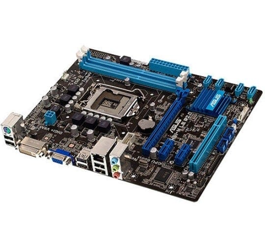 ASUS P8H61-M LE R2.0 motherboard, bovenaanzicht met blauwe RAM-slots, zwarte PCB, CPU-socket LGA1155, back-panel I/O-aansluitingen zichtbaar