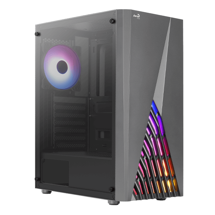 Aerocool Delta G-BK-V1 gaming PC case front view with RGB lighting, featuring a large circular RGB fan on top, tempered glass side panel showing internal components, and illuminated diagonal stripe design on the front panel in purple, pink, and orange colors