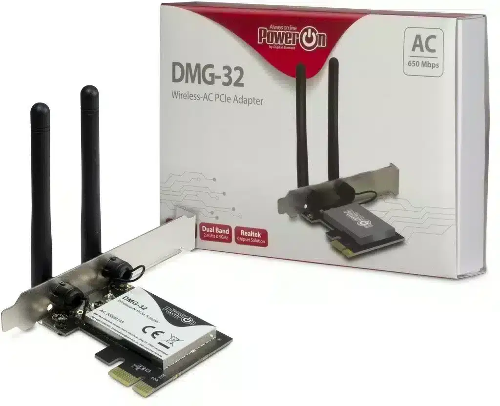 Intertech DMG-32 Wireless-AC PCIe Adapter - produktfoto met verpakking en losse adapter met twee externe antennes, dual band 2.4GHz & 5GHz, Realtek chipset, 650Mbps