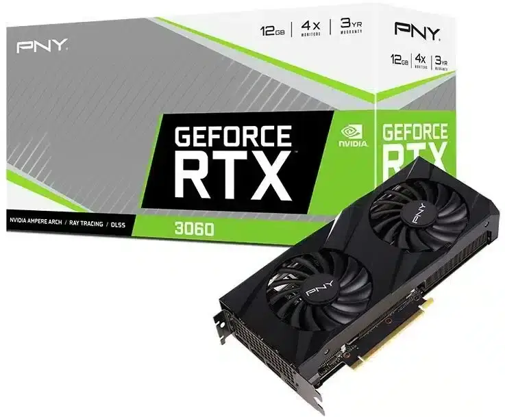 PNY GeForce RTX 3060 12GB VERTO Dual Fan graphics card shown from the side with retail packaging in the background