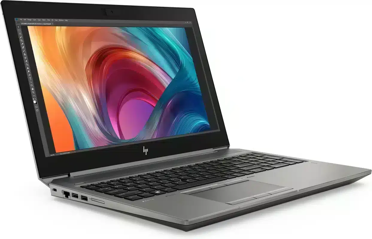 HP Zbook 15 G6 - i9 9880H - 64GB - 1TB NVME SSD - 15,6" - Windows 11, vooraanzicht met geopend scherm waarop kleurrijk grafisch ontwerp in Adobe Creative Suite wordt weergegeven
